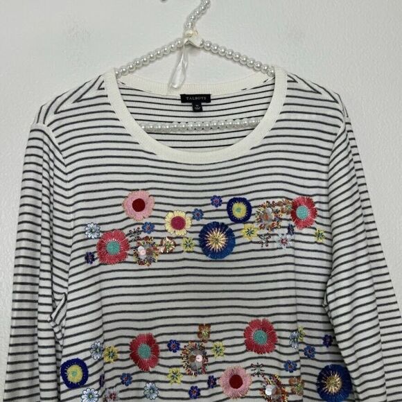 Talbots Sweater Medium Striped Floral Embroidery Beaded Embellish Bell Sleeve - Picture 11 of 16
